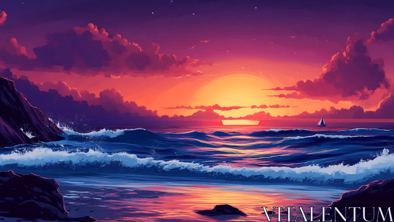 Radiant ocean sunset glows over waves and distant sailboat.