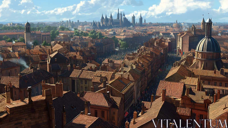 Sweeping aerial vista maps dense terracotta-roofed historic city