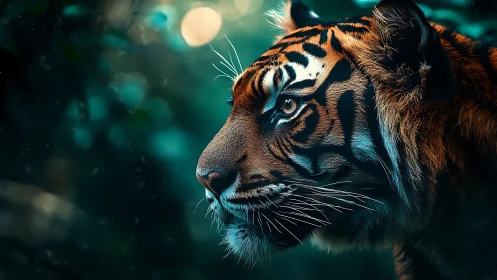 Tiger profile glows against teal bokeh forest backdrop.