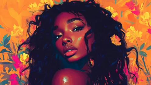 High-saturation digital portrait with floral bokeh and glossy skin rendering