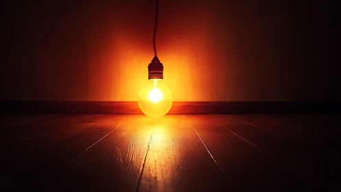 Single tungsten bulb illuminates dark room with warm falloff