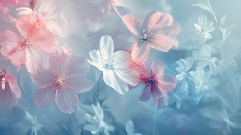 Pastel-toned floral composition with soft blue background.