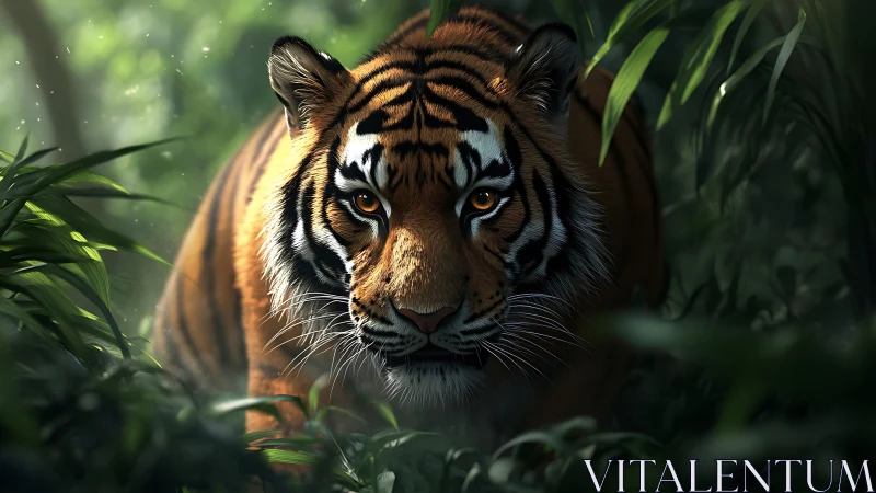 Predatory tiger emerging through dim emerald jungle foliage.