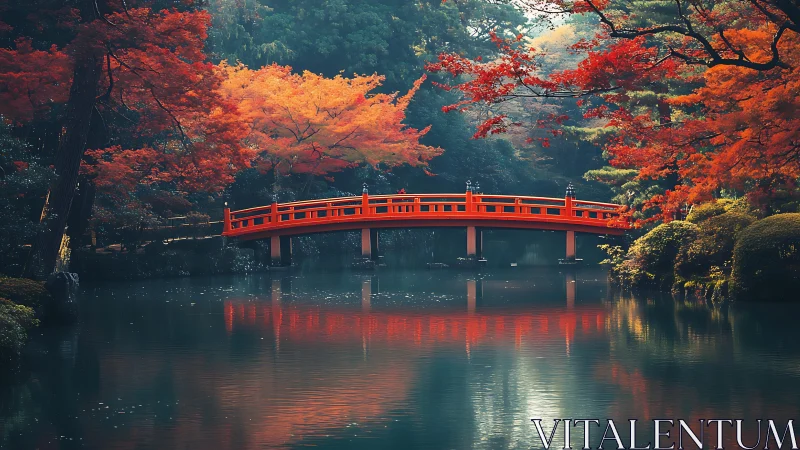 Red bridge over calm pond in dense autumn foliage scene.