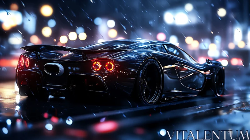 Midnight supercar glowing through a rainy neon city street.
