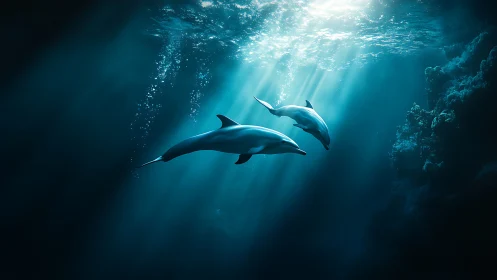 Sunlit dolphins gliding through deep blue ocean stillness.
