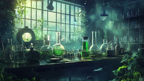 Alchemist greenhouse lab glowing with mossy emerald brews.