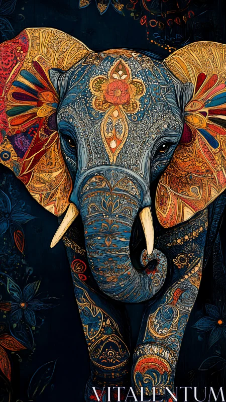 Ornate blue elephant glows with intricate mandala patterns.