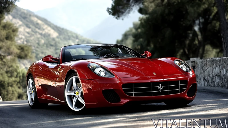 Red convertible sports car hugs sunlit mountain road.