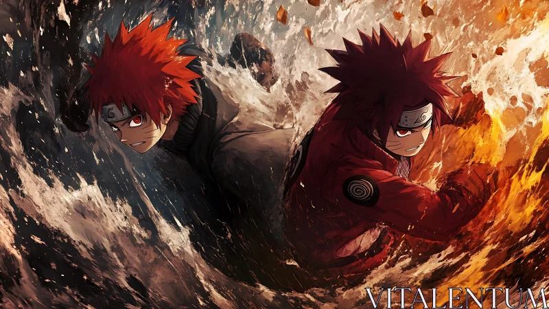 Fiery ninja warrior drives through crashing waves in battle