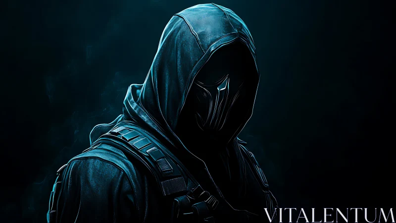 Shadowed hooded figure stands ready in sleek tactical armor