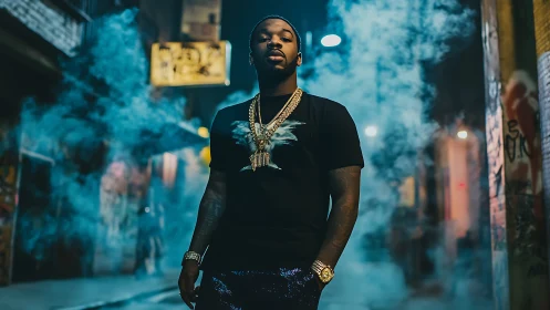 Street portrait captures confident figure amid neon haze.