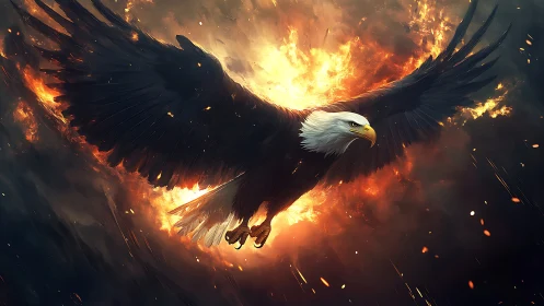 Majestic Bald Eagle Soaring Amid Explosive Flames, Digital Art.