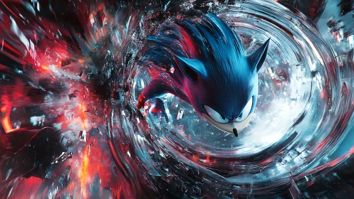 Blue anthropomorphic hedgehog in luminous vortex tunnel.