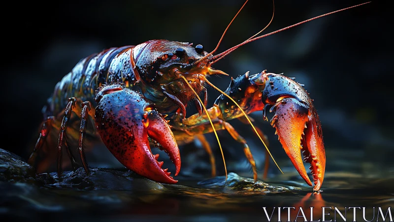 Colorful river lobster posing proudly in glowing water.
