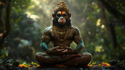 Divine simian yogi meditates in luminous jungle sanctuary.