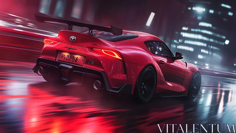 Red Toyota sports coupe on wet neon city street at night.