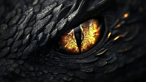 Dragon eye glows amid dark textured scales in close view.