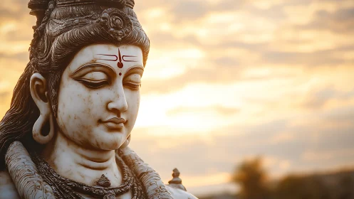 Serene stone deity sculpture in warm sunset backlight glow.