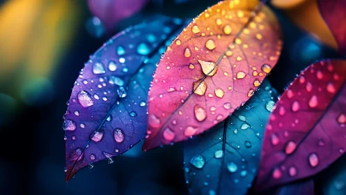 Iridescent rain-kissed leaves glow in vivid neon twilight