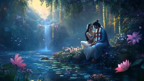 Digital painting depicts couple embracing by luminescent waterfall in enchanted garden setting