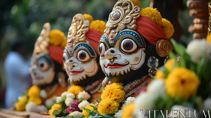 Traditional Indian deity masks with marigold flower garlands.