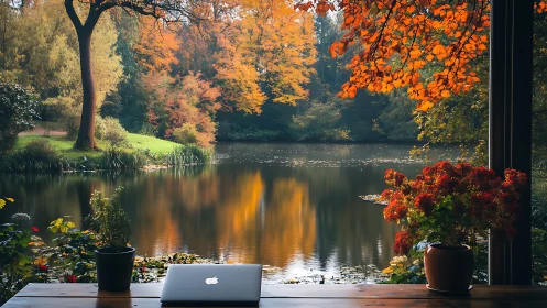 Laptop on wooden desk overlooking calm autumn lake scene