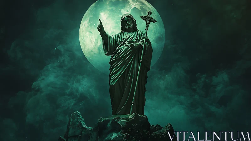Digital painting of lunar-lit robed guardian statue at night.