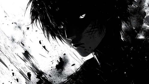 High-contrast ink-anime portrait with splatter dynamics.