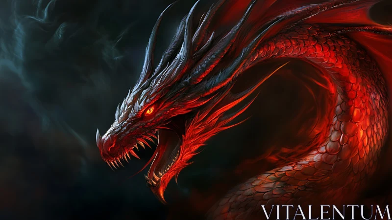 Infernal red dragon coils through smoke with blazing fury.