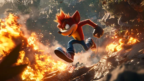 Anthropomorphic fox hero sprints through blazing jungle chaos.