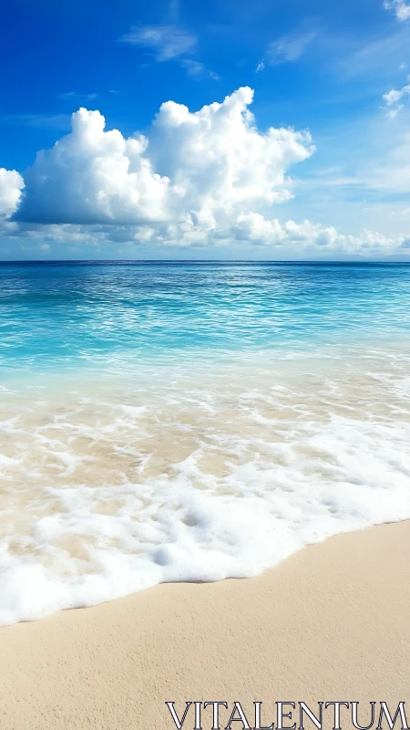 Tropical shoreline with gentle surf and cumulus cloudbank
