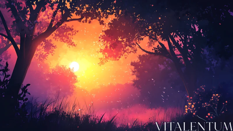 Sunlit ember-forest dreaming in violet and flame twilight.