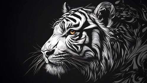 White tiger profile rendered in bold monochrome strokes.
