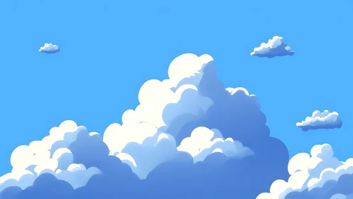 Cartoon cumulus cloudscape under clear bright blue sky.