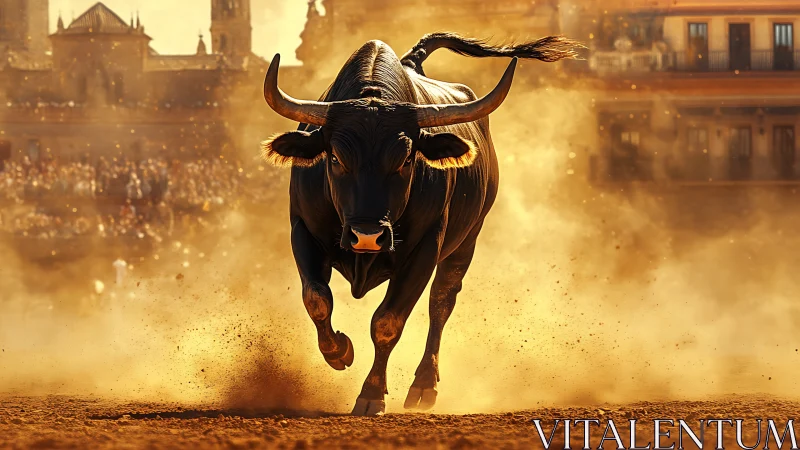 Charging bull thunders through golden dust in a sunlit arena