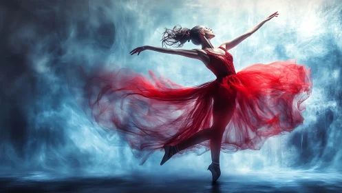 Graceful ballerina soars in vivid red tulle against misty light.