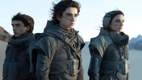 Desertbound voyagers in stormlit armor gaze toward tomorrow.