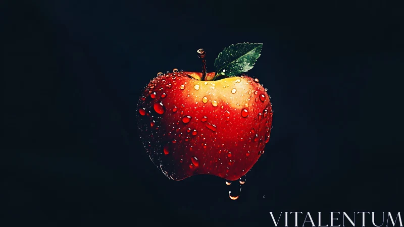 Wet red apple floats against deep black background