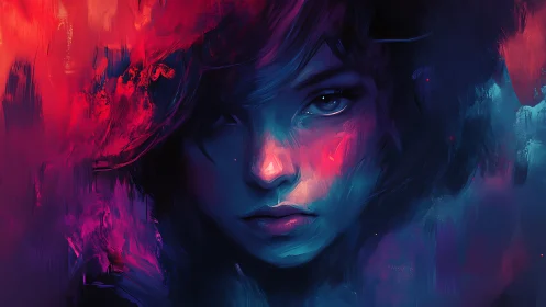 Electric neon portrait captures a dreamlike, introspective gaze