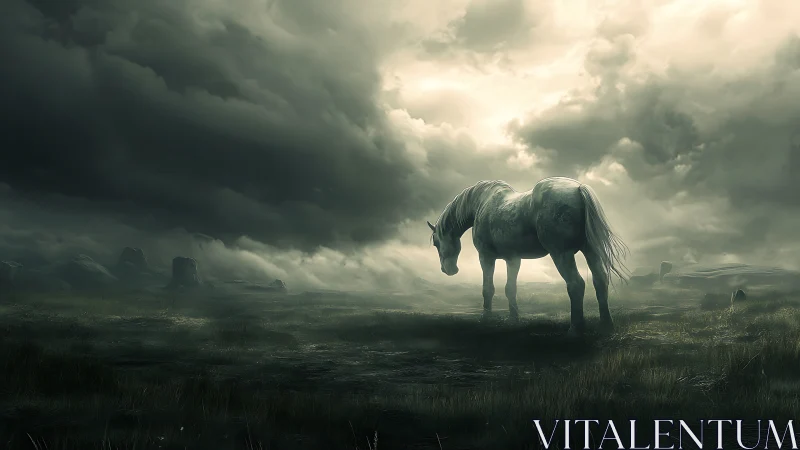 Solitary white horse rendered in moody atmospheric digital chiaroscuro
