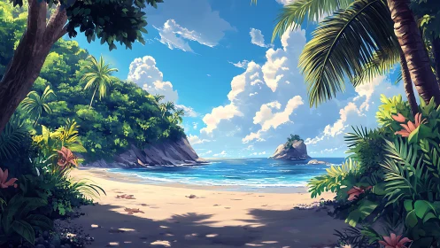 Tropical beach cove framed by dense jungle and rocky outcrops