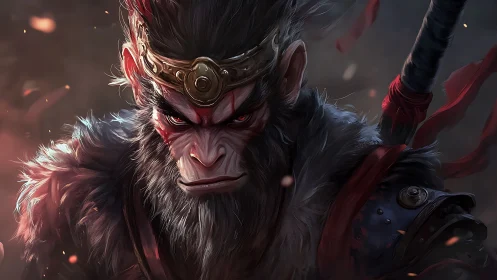 Warrior monkey king portrait with intense red accents.
