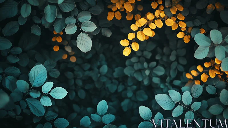 Vibrant Golden and Teal Foliage in Artistic Nature Photography.
