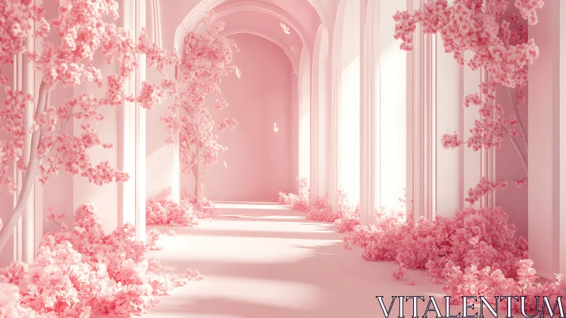 Monochrome pink corridor filled with lush flowering trees.