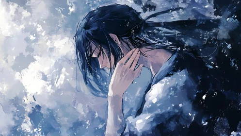 Blue-whispered reverie bends a lone figure into quiet tide