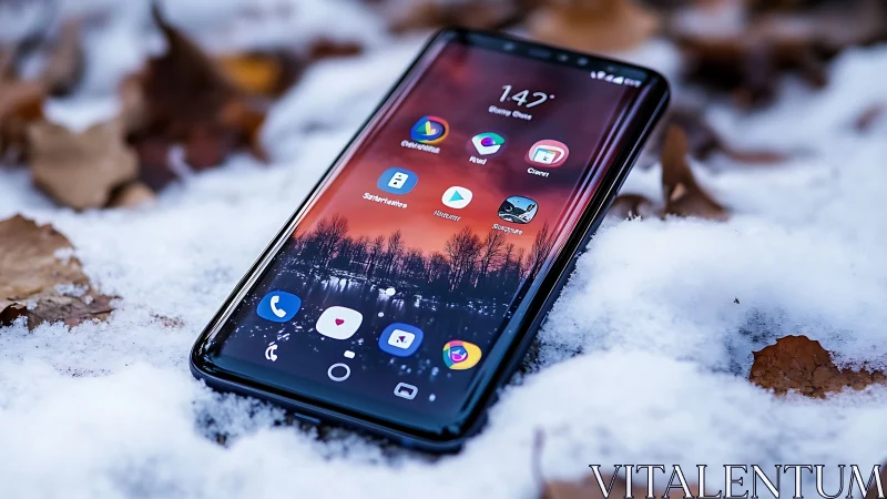Smartphone displayed in winter snow setting.