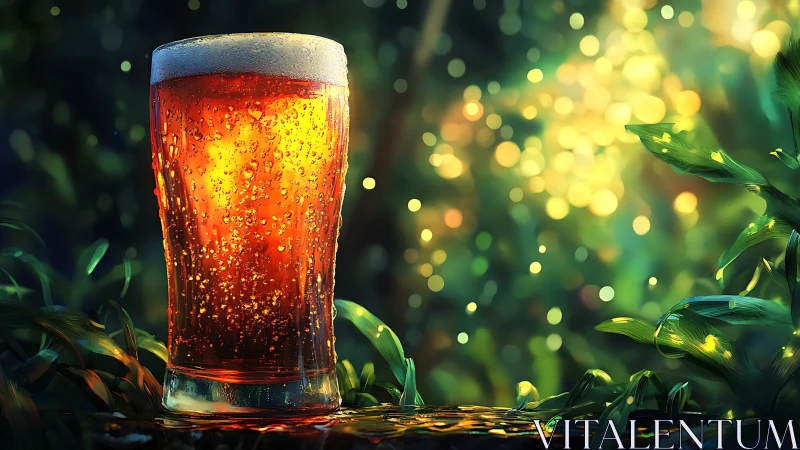 Backlit amber beer glass with condensation and bokeh depth field