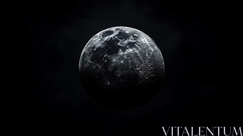 Luminous cratered moon floats in stark cosmic darkness.