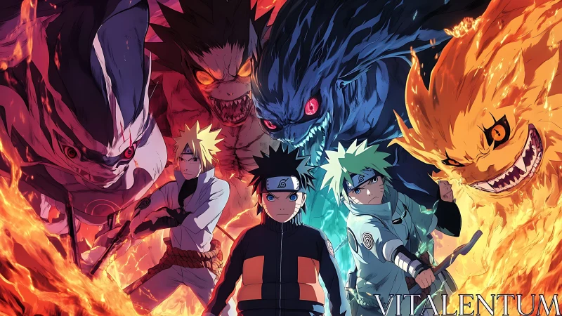 Elemental ninja trio framed by raging chakra beasts.